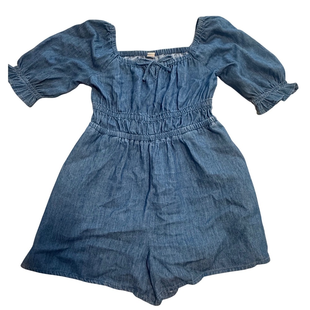 Old Navy Denim Romper Kids Size L 10-12 Blue NWT Smocked Puff Sleeve Chambray